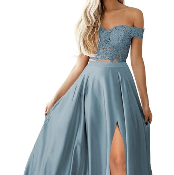 Blue 2 Piece Formal Prom Wedding Guest Bridesmaid Dress with rhinestone details - Picture 2 of 5